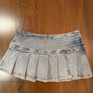 BDG Light Blue Pleated Denim Mini Skirt with Buckle